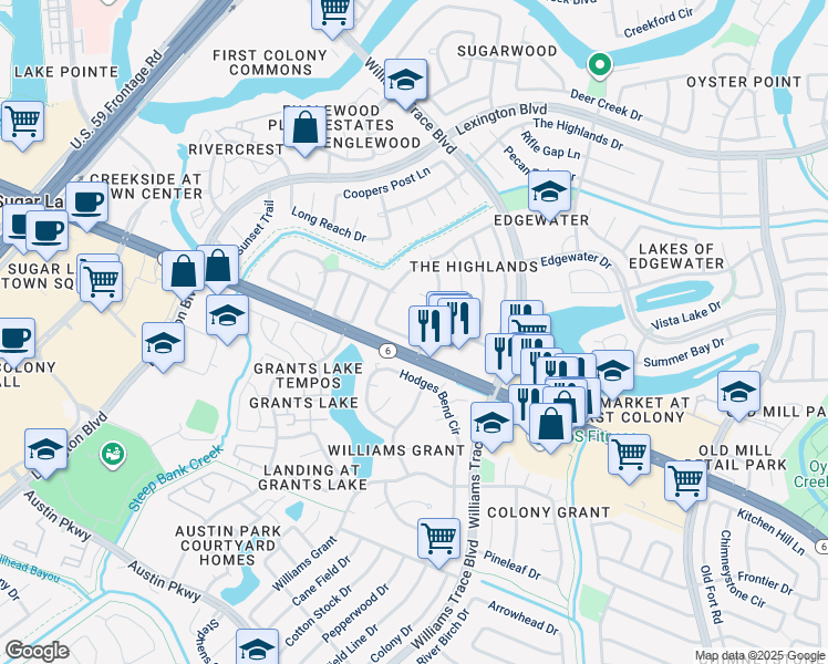 map of restaurants, bars, coffee shops, grocery stores, and more near 2630 Austins Place in Sugar Land
