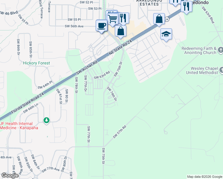 map of restaurants, bars, coffee shops, grocery stores, and more near 7438 Southwest 65th Place in Gainesville