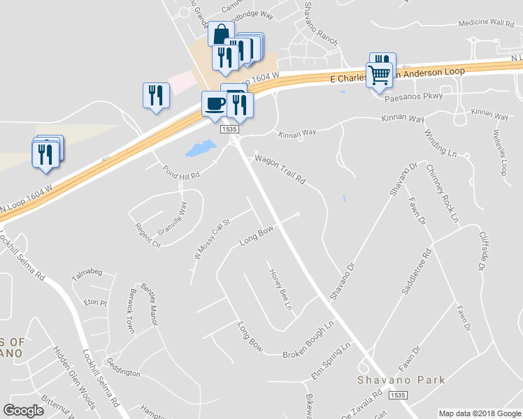 map of restaurants, bars, coffee shops, grocery stores, and more near 86 Mossy Cup Lane in San Antonio