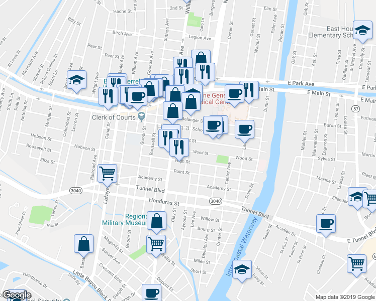 map of restaurants, bars, coffee shops, grocery stores, and more near 799 Wood Street in Houma