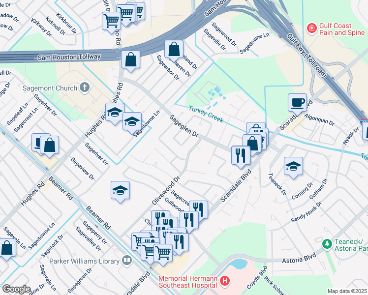 map of restaurants, bars, coffee shops, grocery stores, and more near 11430 Woodviolet Drive in Houston