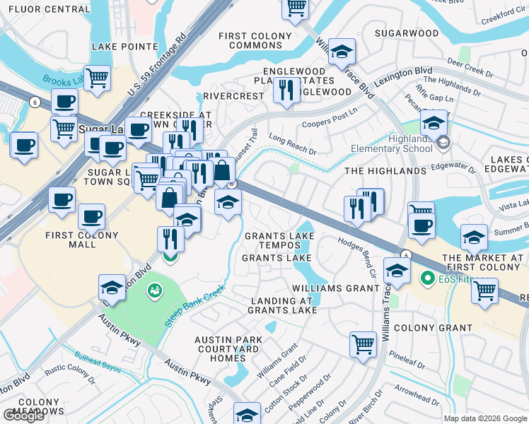 map of restaurants, bars, coffee shops, grocery stores, and more near 28 Grants Lake Circle in Sugar Land