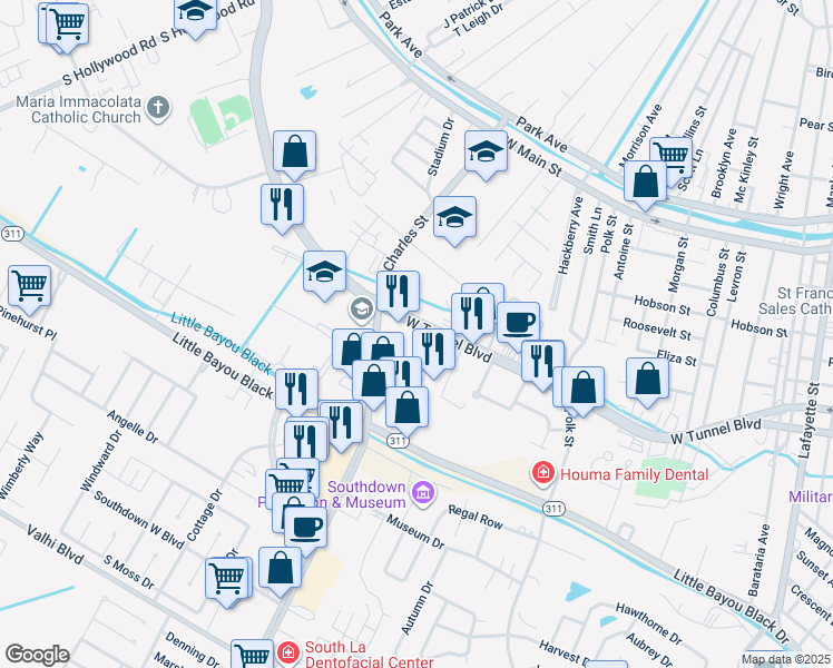 map of restaurants, bars, coffee shops, grocery stores, and more near 1133 Saint Charles Street in Houma