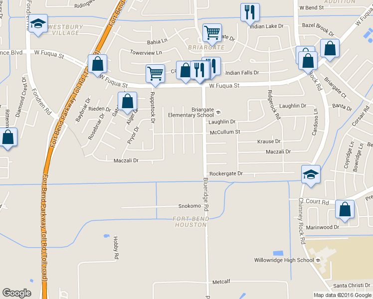 map of restaurants, bars, coffee shops, grocery stores, and more near 15934 Kenbrook Drive in Missouri City