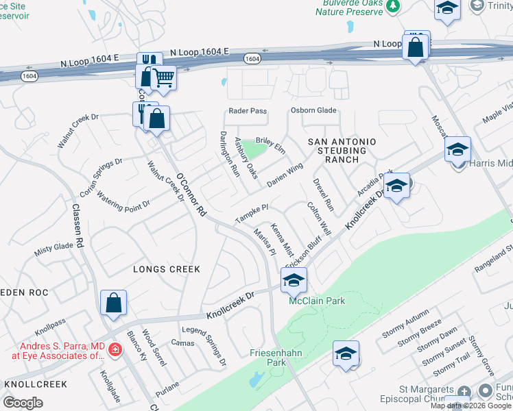 map of restaurants, bars, coffee shops, grocery stores, and more near 15919 Kenna Mist in San Antonio