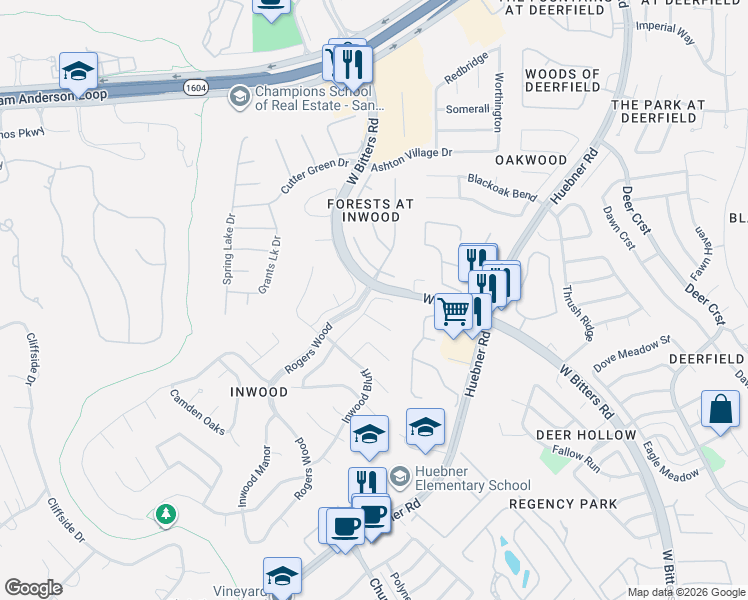 map of restaurants, bars, coffee shops, grocery stores, and more near 23 Inwood Ridge Drive in San Antonio