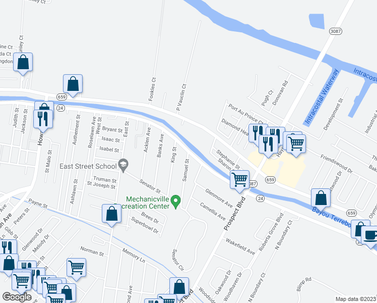 map of restaurants, bars, coffee shops, grocery stores, and more near 9135 East Main Street in Houma