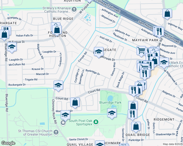 map of restaurants, bars, coffee shops, grocery stores, and more near 16131 Canaridge Drive in Houston