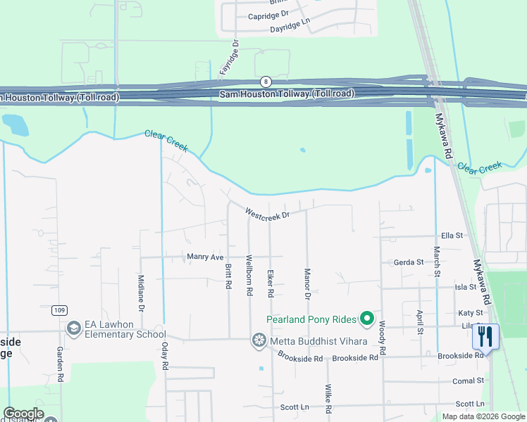map of restaurants, bars, coffee shops, grocery stores, and more near 12511 Eiker Road in Pearland
