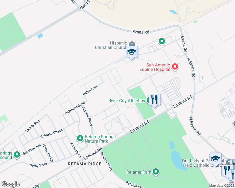 map of restaurants, bars, coffee shops, grocery stores, and more near 16829 Showdown Path in Selma