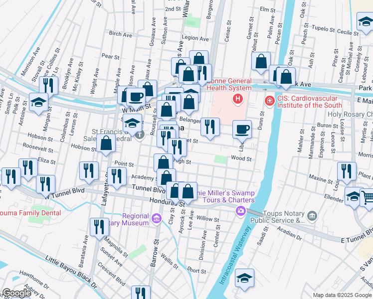 map of restaurants, bars, coffee shops, grocery stores, and more near 526 Gabasse Street in Houma