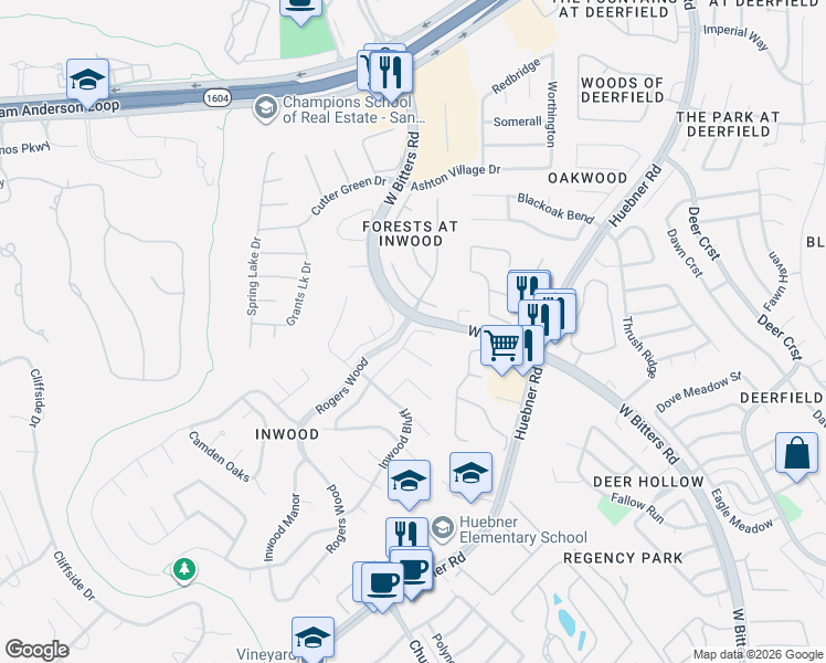 map of restaurants, bars, coffee shops, grocery stores, and more near 23 Inwood Ridge Drive in San Antonio