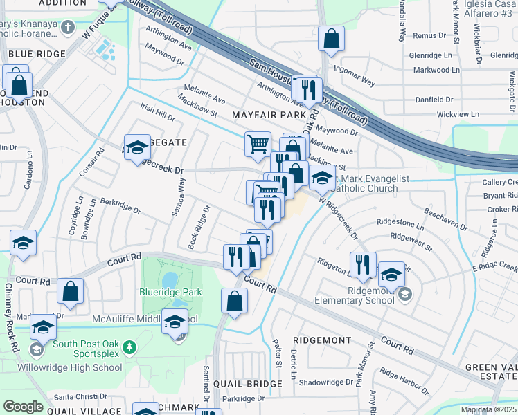 map of restaurants, bars, coffee shops, grocery stores, and more near 5518 Gineridge Drive in Houston