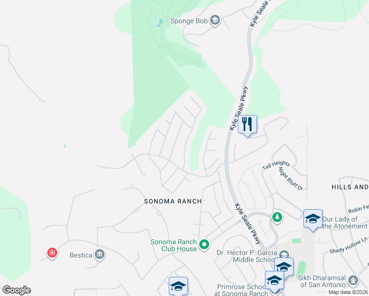 map of restaurants, bars, coffee shops, grocery stores, and more near 16111 La Madera Rio in Helotes