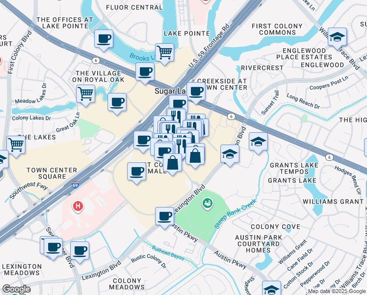 map of restaurants, bars, coffee shops, grocery stores, and more near 2735 Town Center Boulevard North in Sugar Land