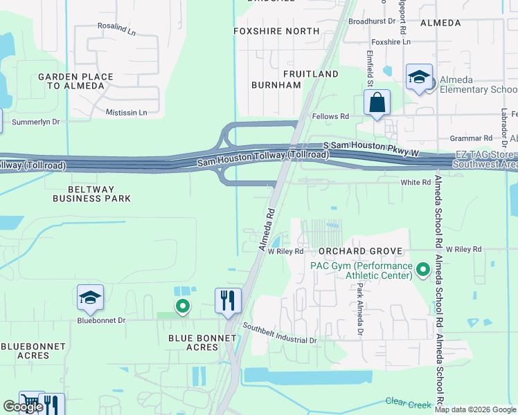 map of restaurants, bars, coffee shops, grocery stores, and more near 14556 Almeda Road in Houston