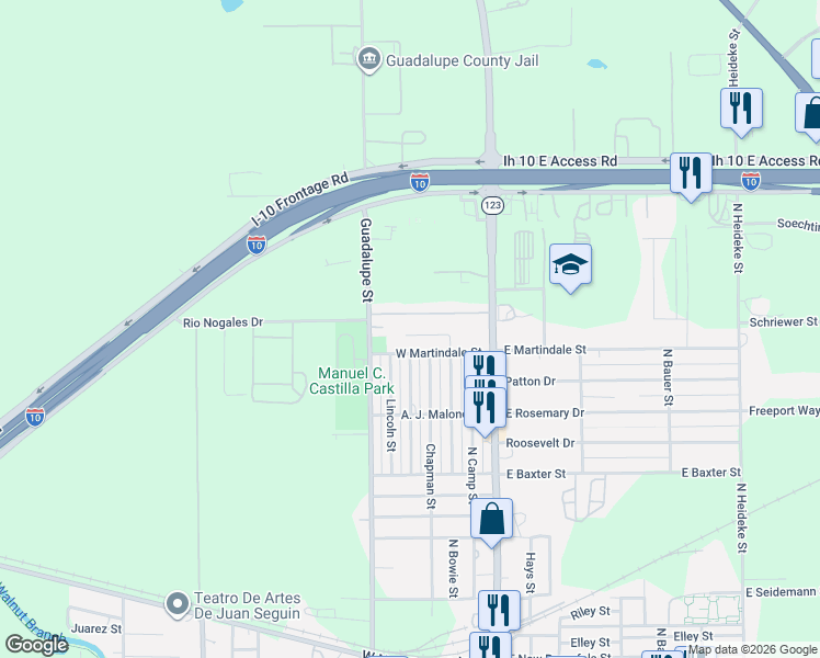 map of restaurants, bars, coffee shops, grocery stores, and more near 312 West Martindale Street in Seguin
