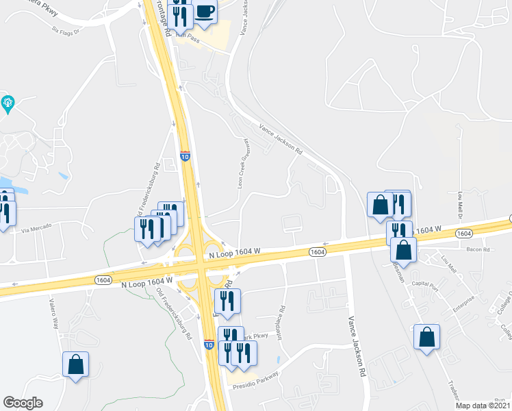 map of restaurants, bars, coffee shops, grocery stores, and more near 5539 North Loop 1604 West in San Antonio