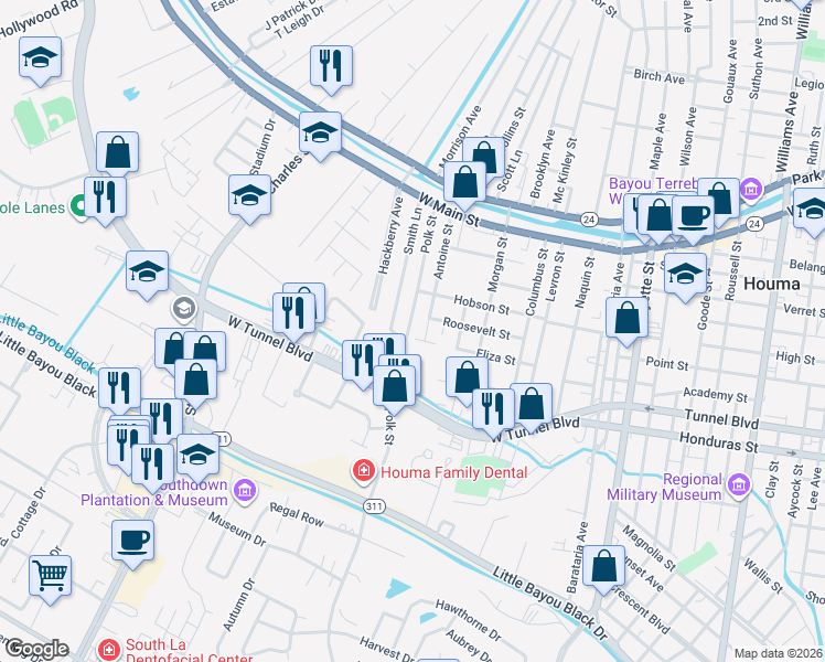 map of restaurants, bars, coffee shops, grocery stores, and more near 713 Eliza Street in Houma