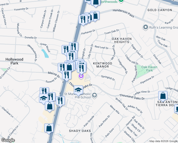 map of restaurants, bars, coffee shops, grocery stores, and more near 1575 Thousand Oaks Drive in San Antonio
