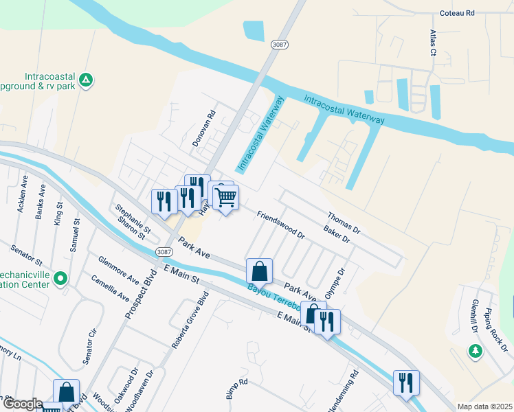 map of restaurants, bars, coffee shops, grocery stores, and more near 71 Kirkglen Loop in Houma