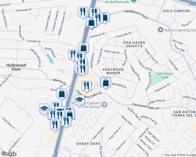 map of restaurants, bars, coffee shops, grocery stores, and more near 1575 Thousand Oaks Drive in San Antonio