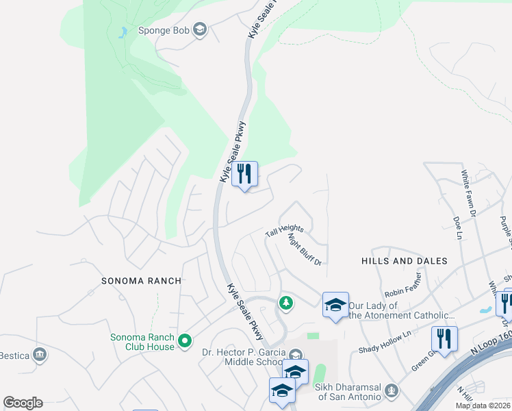 map of restaurants, bars, coffee shops, grocery stores, and more near 8443 Sierra Hermosa in San Antonio