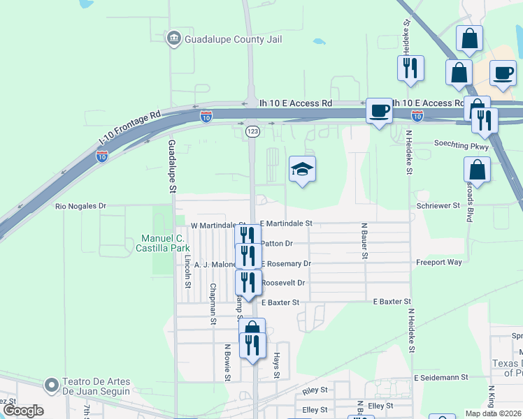 map of restaurants, bars, coffee shops, grocery stores, and more near 2328 North Austin Street in Seguin