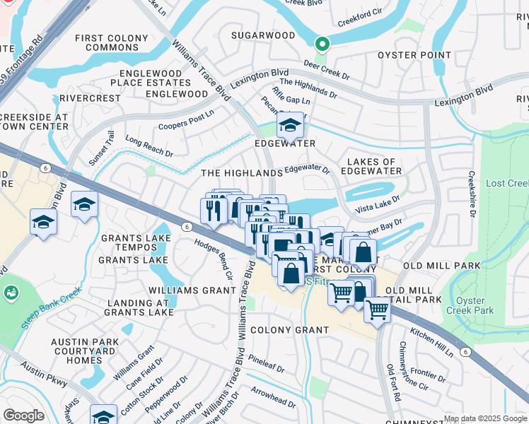 map of restaurants, bars, coffee shops, grocery stores, and more near 2309 Williams Trace Boulevard in Sugar Land