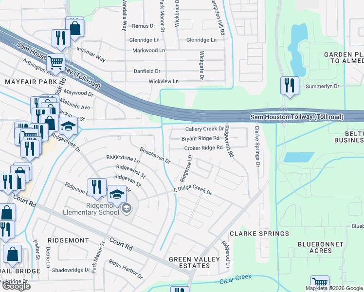 map of restaurants, bars, coffee shops, grocery stores, and more near 15806 Ridgeroe Lane in Houston
