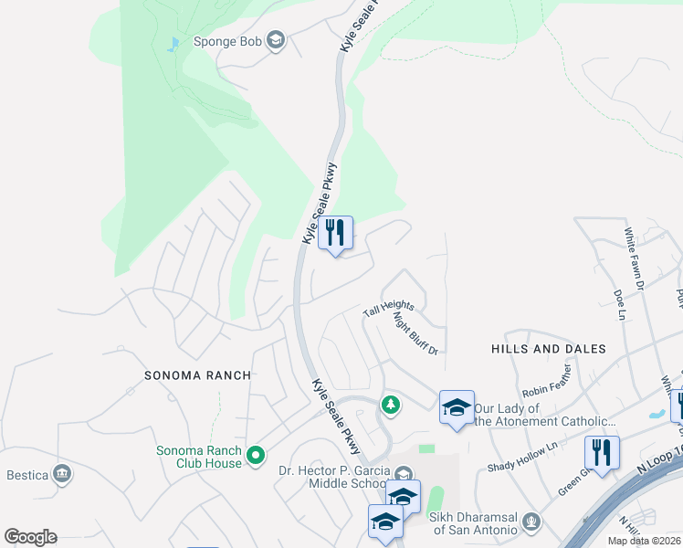 map of restaurants, bars, coffee shops, grocery stores, and more near 8447 Sierra Hermosa in San Antonio