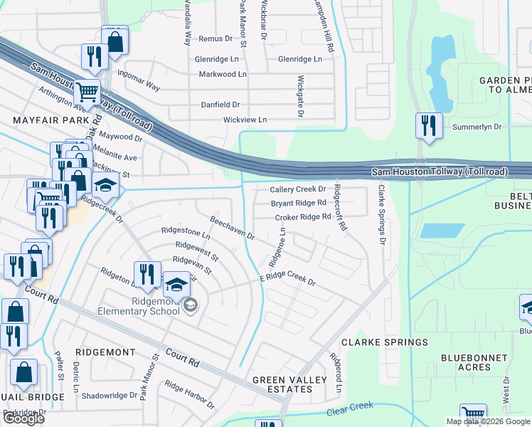 map of restaurants, bars, coffee shops, grocery stores, and more near 15807 Boonridge Road in Houston