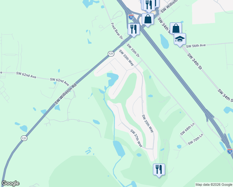 map of restaurants, bars, coffee shops, grocery stores, and more near 6031 Southwest 36th Way in Gainesville