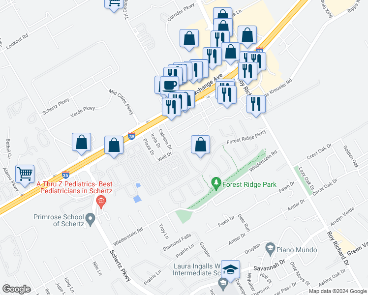 map of restaurants, bars, coffee shops, grocery stores, and more near 4756 Iron Ridge Pass in Schertz