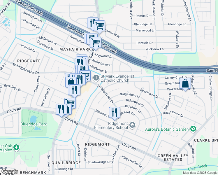 map of restaurants, bars, coffee shops, grocery stores, and more near 5255 Castlecreek Lane in Houston