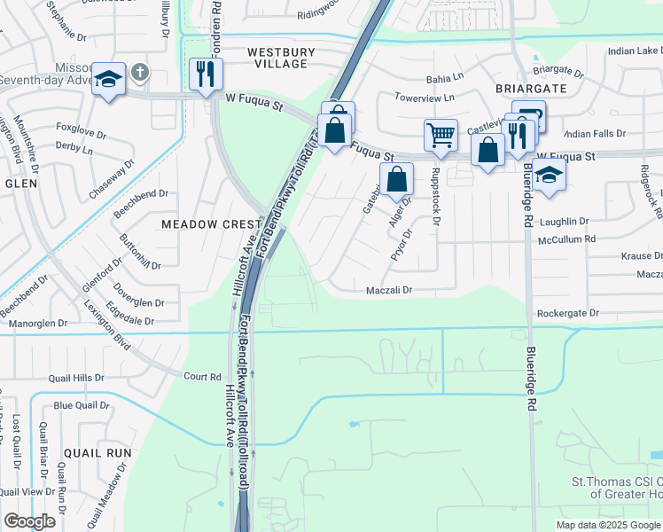 map of restaurants, bars, coffee shops, grocery stores, and more near 15926 Gatebriar Drive in Missouri City
