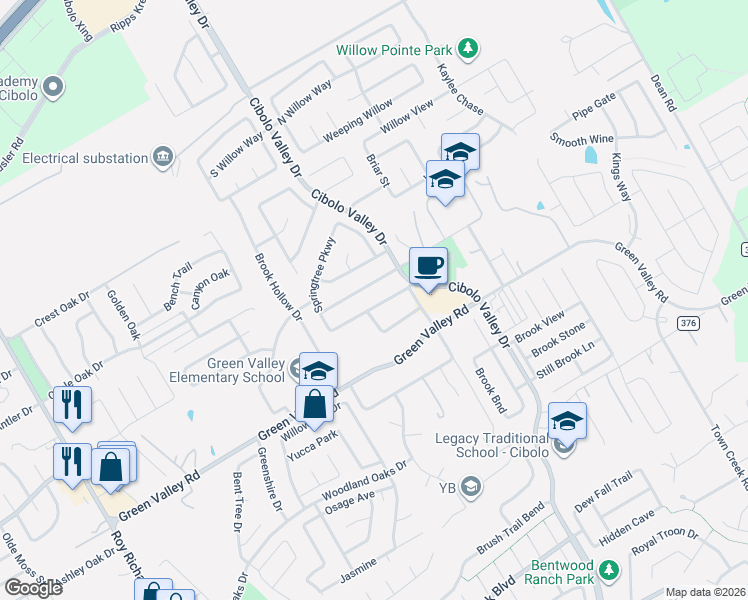 map of restaurants, bars, coffee shops, grocery stores, and more near 160 Springtree Bluff in Cibolo
