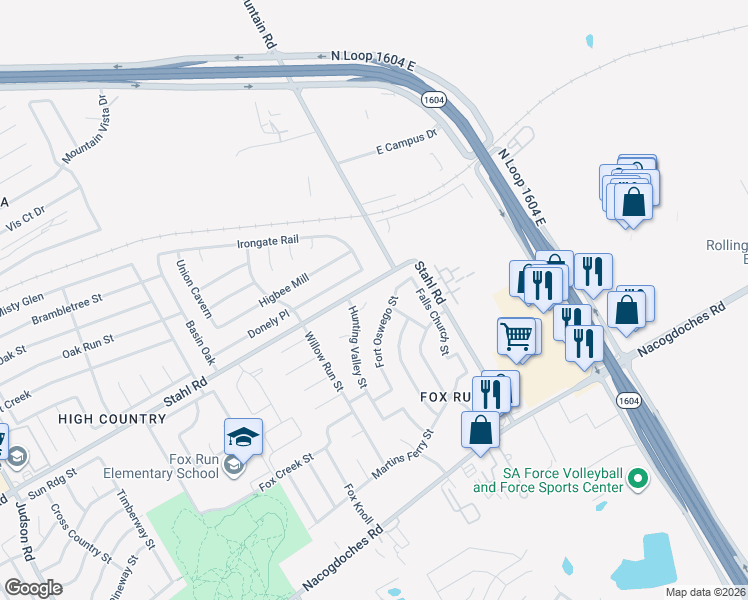 map of restaurants, bars, coffee shops, grocery stores, and more near 6338 Donely Place in San Antonio