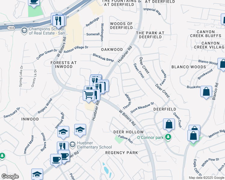 map of restaurants, bars, coffee shops, grocery stores, and more near 16650 Huebner Road in San Antonio