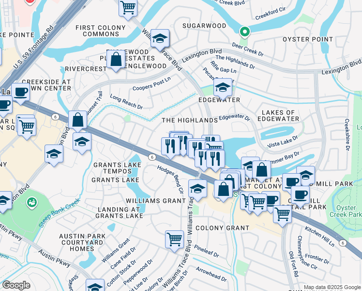 map of restaurants, bars, coffee shops, grocery stores, and more near 2119 First Crossing Boulevard in Sugar Land
