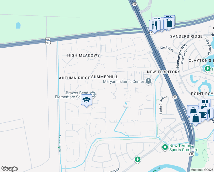 map of restaurants, bars, coffee shops, grocery stores, and more near 415 Indian Summer Drive in Sugar Land