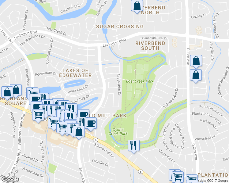 map of restaurants, bars, coffee shops, grocery stores, and more near 1923 Creek Valley Lane in Sugar Land