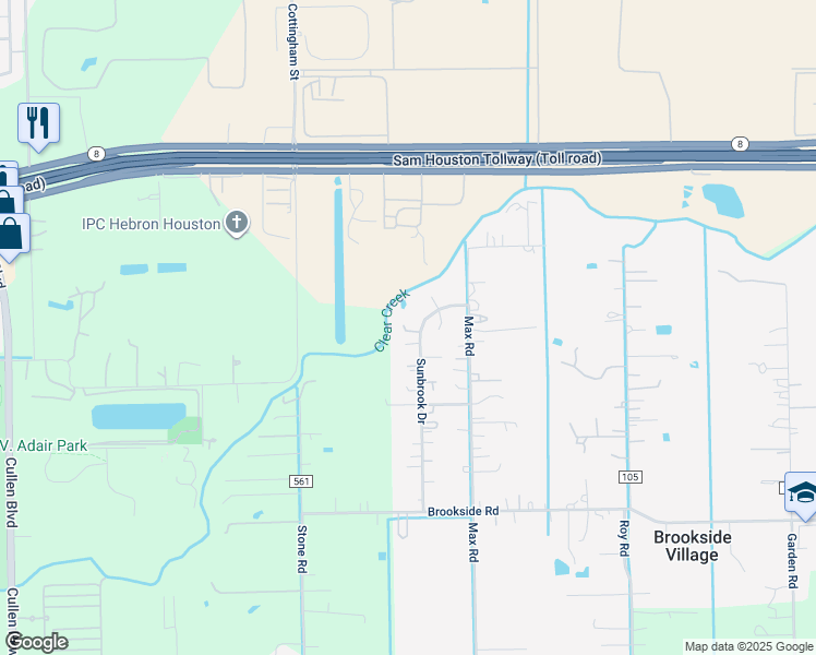 map of restaurants, bars, coffee shops, grocery stores, and more near 12502 Sunbrook Drive in Pearland