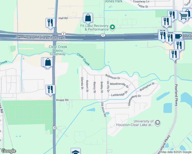 map of restaurants, bars, coffee shops, grocery stores, and more near 3517 Robinson Drive in Pearland