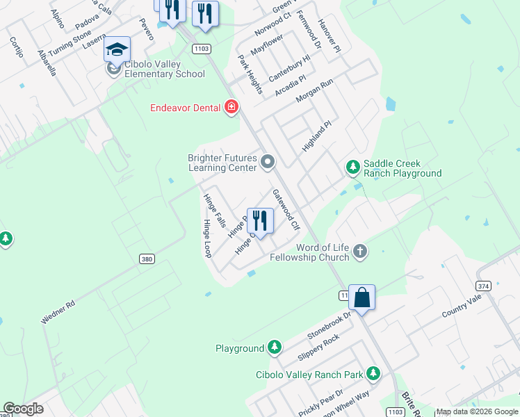 map of restaurants, bars, coffee shops, grocery stores, and more near 120 Hinge Path in Cibolo