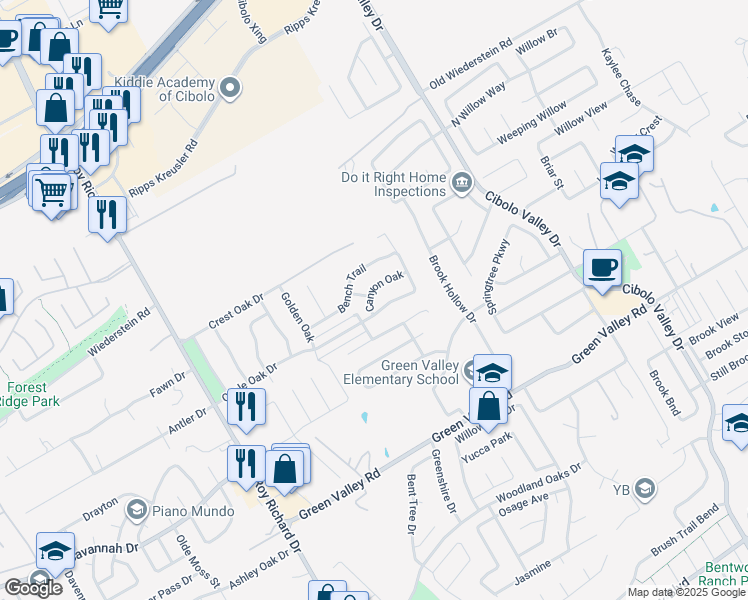 map of restaurants, bars, coffee shops, grocery stores, and more near 1621 Canyon Oak in Schertz