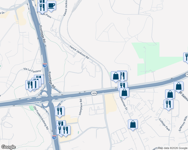 map of restaurants, bars, coffee shops, grocery stores, and more near 16333 Vance Jackson Road in San Antonio