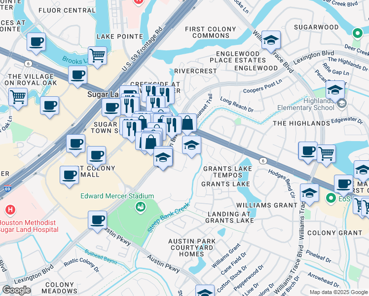 map of restaurants, bars, coffee shops, grocery stores, and more near 2528 Texas 6 in Sugar Land