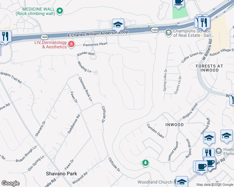 map of restaurants, bars, coffee shops, grocery stores, and more near 123 Wellesley Loop in San Antonio