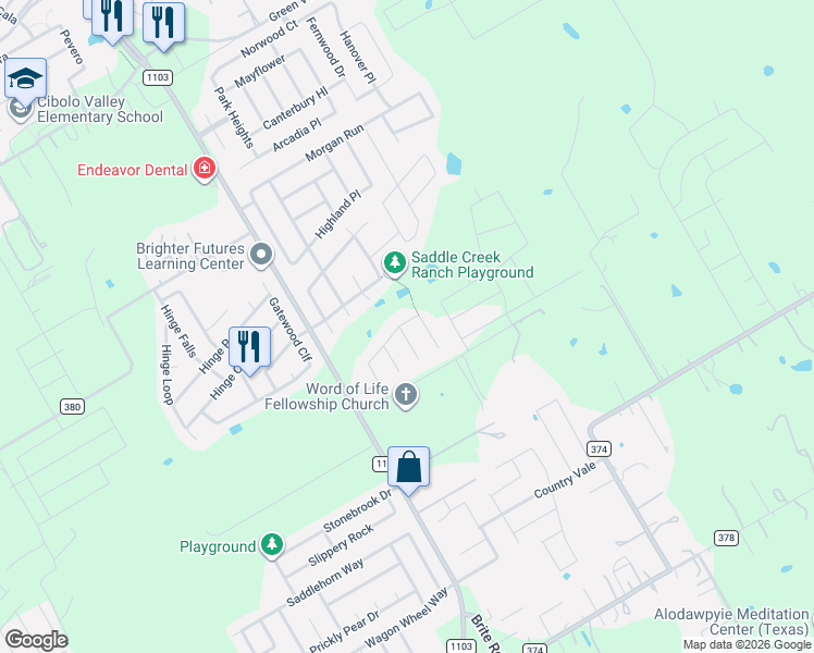 map of restaurants, bars, coffee shops, grocery stores, and more near 308 Rustic Tr in Cibolo